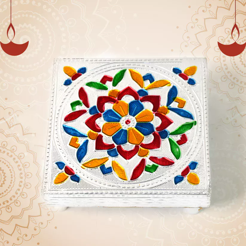 Handicraft Meenakari Wooden Chowki & Bajot Set for Puja